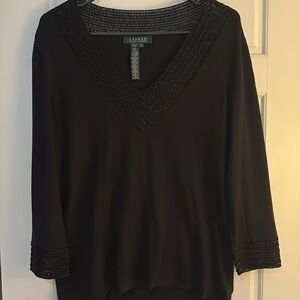 Lauren Ralph Lauren Black 3/4 Sleeve Beaded Vneck knit top (L) EUC